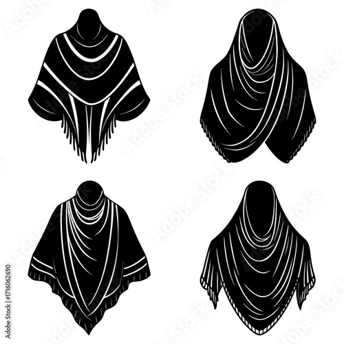 Four black and white illustrations of various draped shawls and poncho designs on a white background