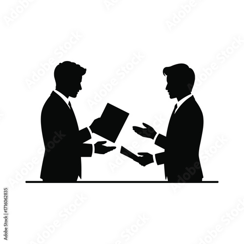 Two businessmen in silhouette exchange documents at a table with a clean