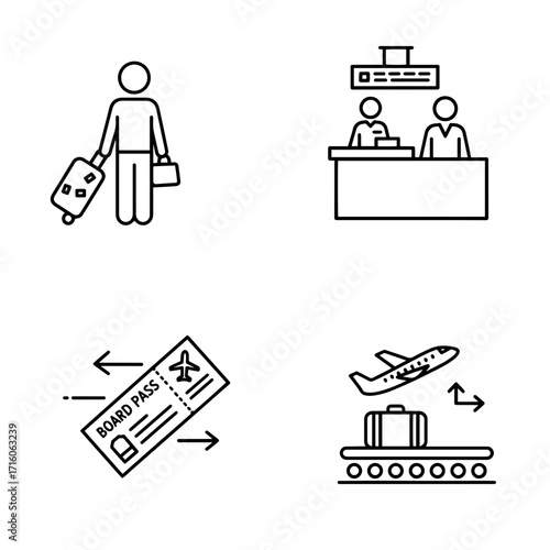 Airport travel icons depicting check-in, boarding pass, and luggage  