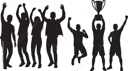 Success and Victory Silhouette Vector Set – Black and White Illustration of People and Teams Cheering, Jumping, Holding Trophy, Celebrating Achievement, Triumph, Awards, Sports and Business Accomplis