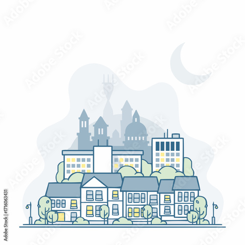 Charming urban landscape illustration with houses and buildings at dusk, perfect for neighborhood branding or city planning materials, originally a vector graphic