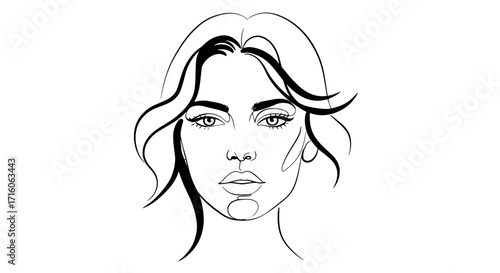 Minimalist line drawing of a woman's face with flowing hair  