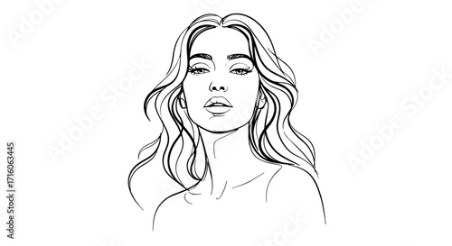 Elegant line art portrait of a woman with flowing hair  