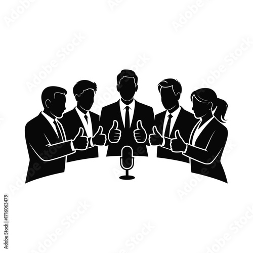 Team of professionals in suits giving thumbs up around a table with a microphone