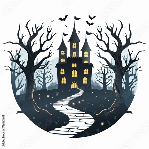 Spooky castle stands silhouetted against misty sky on halloween night, with bats flying and pathway lit by eerie glow, creating a haunting atmosphere.