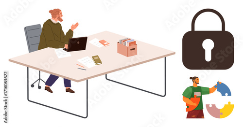 Worker at desk with laptop and documents, padlock symbolizing data protection, and team assembling puzzle. Ideal for collaboration, teamwork, cybersecurity, organization, business strategy, problem