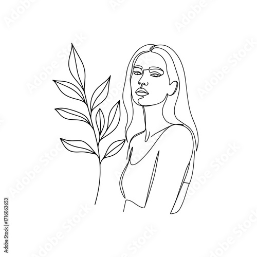 Line art illustration of a woman with a plant in minimalist style  