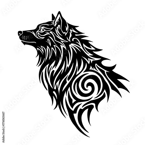 Tribal wolf silhouette with swirling patterns in black design  