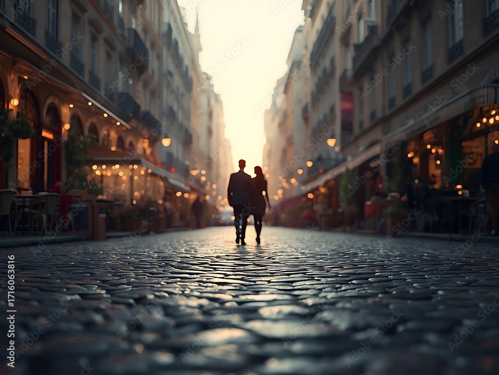 Obraz premium Couple silhouetted on cobblestone street at dusk