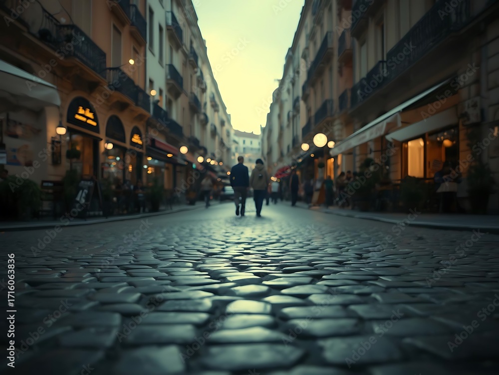 Obraz premium Cobblestone street at dusk with silhouetted couple