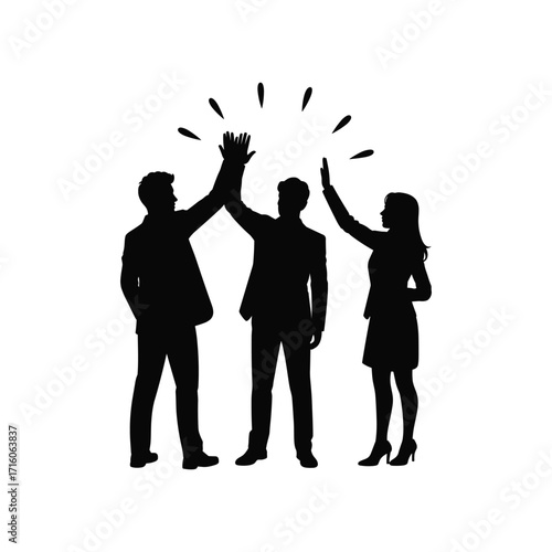 Teamwork silhouette celebrating success with high fives and sparkles of achievement