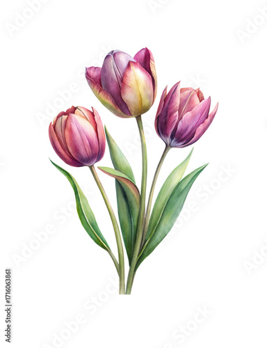 Wallpaper Mural Watercolor painting of three pink and purple tulips with green leaves Torontodigital.ca