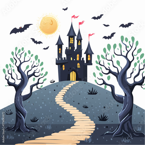 Dark castle stands atop a hill under a full moon with bats flying around in a spooky halloween night scene.