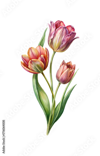 Wallpaper Mural Elegant watercolor painting of three tulips in various stages of bloom on white Torontodigital.ca