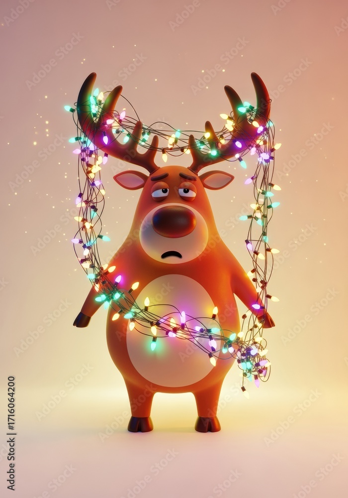 Naklejka premium Adorable cartoon reindeer character decorated with colorful festive Christmas st lights against warm pastel background