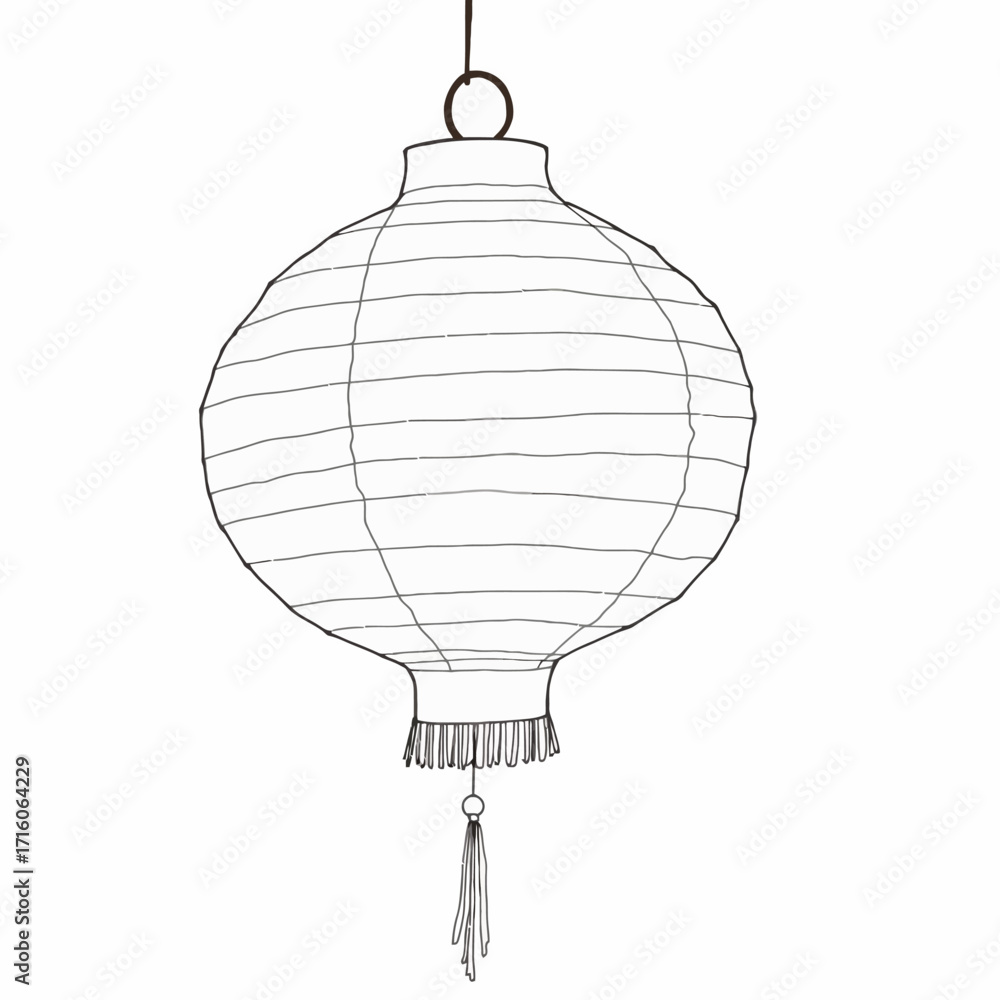 Obraz premium Elegant Illustration of a Traditional Hanging Lantern with Tassels Showcasing Minimalist Line Art in a Clean and Simple Design with a Focus on Cultural Aesthetics