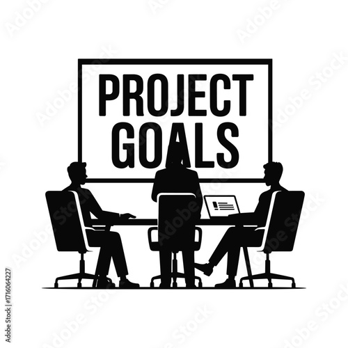 Team collaborating on project goals presented on a large screen in a modern office setting