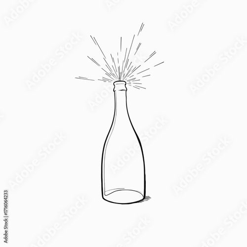 Illustration of a Bottle with Erupting Lines Symbolizing Effervescence and Celebration Against a Minimalist White Background