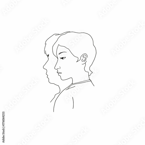 Minimalist line art illustration depicting a profile view of a person juxtaposed with a reflective double outline, evoking themes of introspection and duality