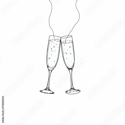 Elegantly illustrated champagne glasses with rising bubbles, capturing the essence of celebratory toasts and sophisticated gatherings in a minimalist art style