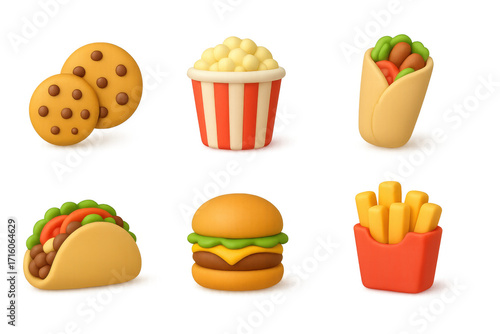 Colorful 3d style fast food icons featuring burgers, tacos, and more