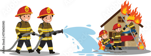 Cartoon firefighters extinguishing house fire, saving people with water hose, ladder, teamwork, emergency rescue, safety illustration, brave fireman heroes