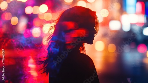 Silhouette of a woman in a city at night, vibrant bokeh lights
