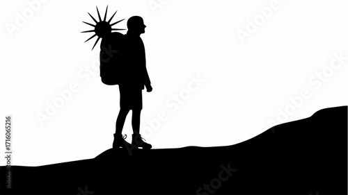 Silhouette of a hiker with a backpack and a sunburst emblem standing on a hill against a white background