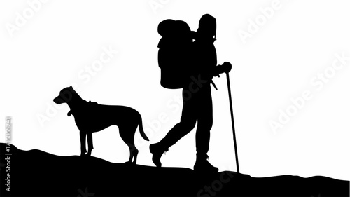 Silhouette of a hiker with a backpack and walking stick accompanied by a dog on a mountainous terrain
