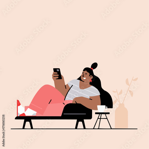 Modern woman relaxing at home, enjoying mobile device, lifestyle moment of carefree connection, perfect for social media, blog posts, and relatable content