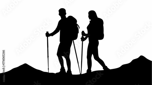 Silhouette of a couple hiking with backpacks and trekking poles on a mountain against a white background