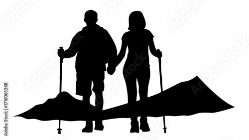 Silhouette of a couple holding hands hiking up a mountain with trekking poles on a white background view