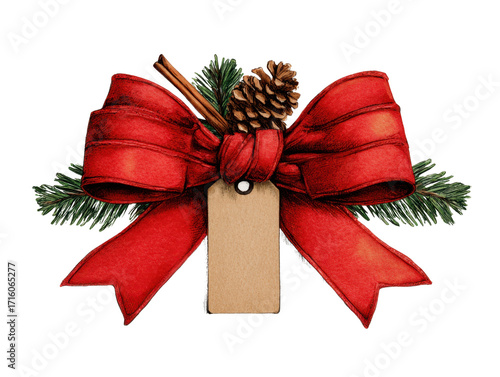 Festive red bow adorned with pinecones, cinnamon sticks, and evergreen sprigs creates warm holiday feel. attached blank tag adds personal touch for gift giving