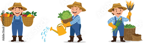 Cartoon happy farmer, harvesting fresh vegetables, watering plants, holding crops, agriculture illustration, gardening work, organic farming, healthy food, countryside lifestyle vector