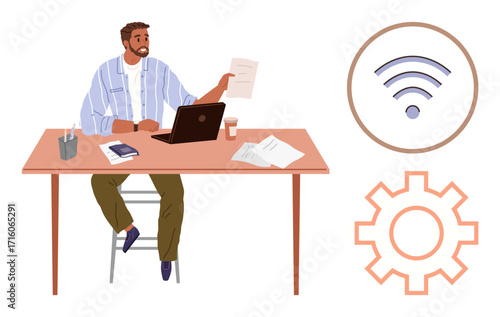 Man sitting at desk using laptop, managing documents. Nearby icons represent wireless and settings. Ideal for remote work, tech, organization, productivity, innovation, efficiency digital workspace