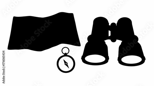 A black and white illustration of a map compass and binoculars suggesting adventure and exploration outdoors