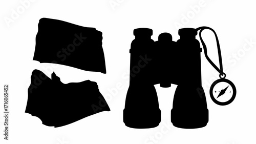 Silhouette of binoculars with compass and rock formation suggesting outdoor adventure and exploration theme