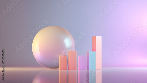 Pastel sphere and bar graph reflect on a glossy surface against a soft purple backdrop, creating a minimalist, serene composition