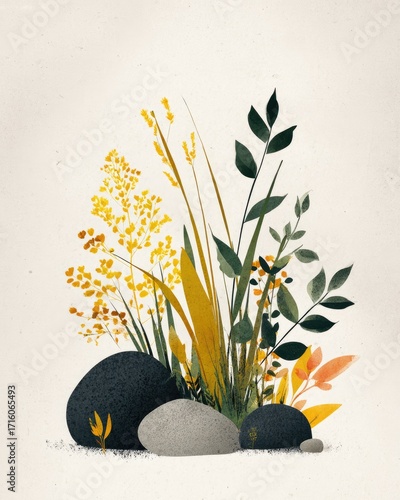 A stylized illustration of a cluster of smooth, dark gray stones nestled amongst vibrant yellow and green foliage, set against a muted off-white background