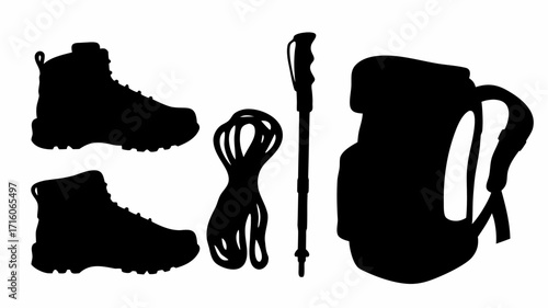 Silhouette depiction of hiking boots, coiled rope, trekking pole, and a backpack against a white background.
