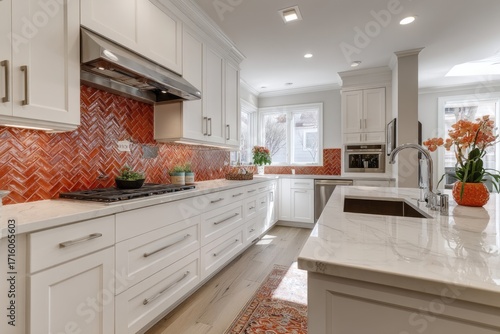 A bright, modern kitchen boasts white cabinetry, a herringbone backsplash in terracotta tones, and a sleek island with a marble countertop.