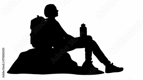 Silhouette of a hiker with a backpack sitting on a rock holding a water bottle in a white background