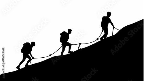Silhouette of three hikers climbing a steep mountain with ropes and backpacks in a black and white image