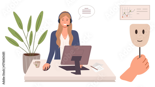 Female agent at desk handling customer support, headset on. By her side, a hand holds a happy mask symbolizing emotions. Ideal for customer service, psychology, professionalism, communication