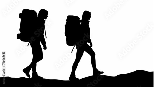 Silhouette of two people with backpacks hiking on a trail against a white background in outdoor scene