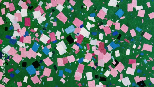 An overhead view of colorful confetti scattered on a dark-green surface, creating a festive, textured pattern