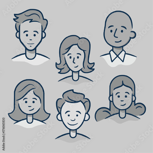 Diverse group of friendly cartoon people smiles warmly, creating a welcoming and inclusive atmosphere in a modern, approachable style, originally a vector graphic