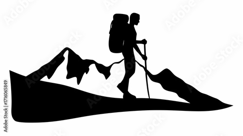 Silhouette of a hiker with a backpack and trekking pole climbing a mountain range on a white background