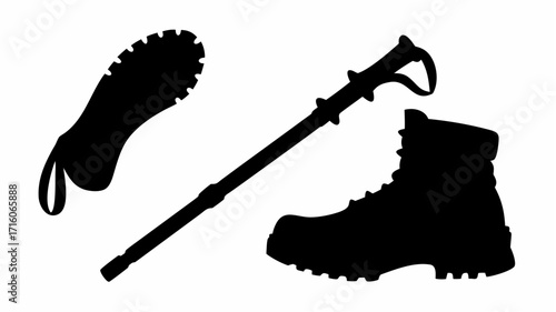 Silhouette illustration of a hiking boot, boot sole and trekking pole on a white background view