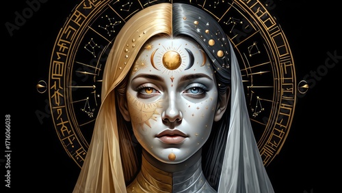 Woman face with moon crown in mystical portrait blending fantasy and astrology. Generative AI.